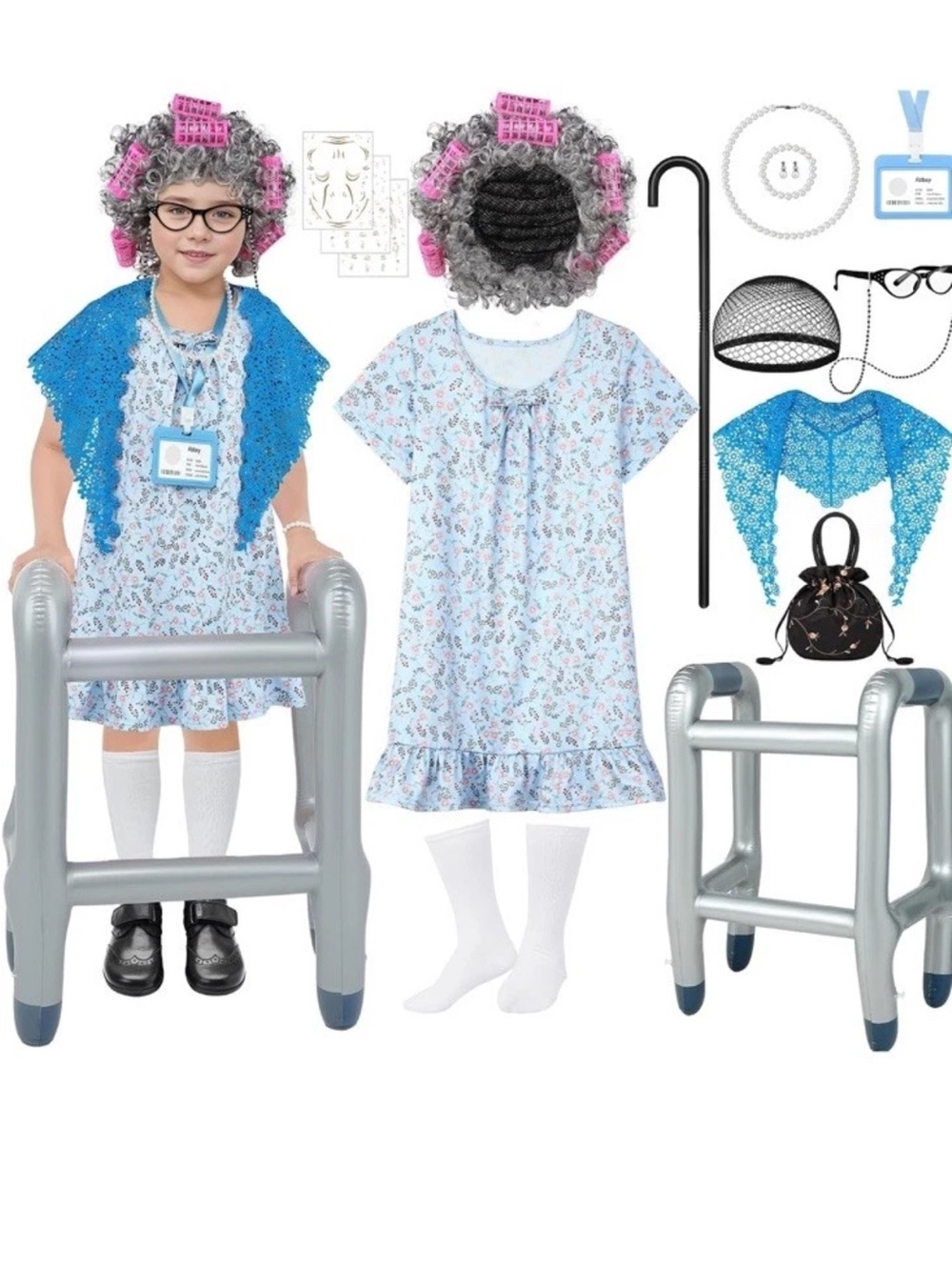 Old Lady Costume for Girls 100th Day of School Costume Grandma Granny Dress 6-10